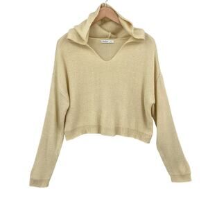 Aster Sweater Medium Womens Beige Knitted Drop Shoulder Hooded Cropped Pullover